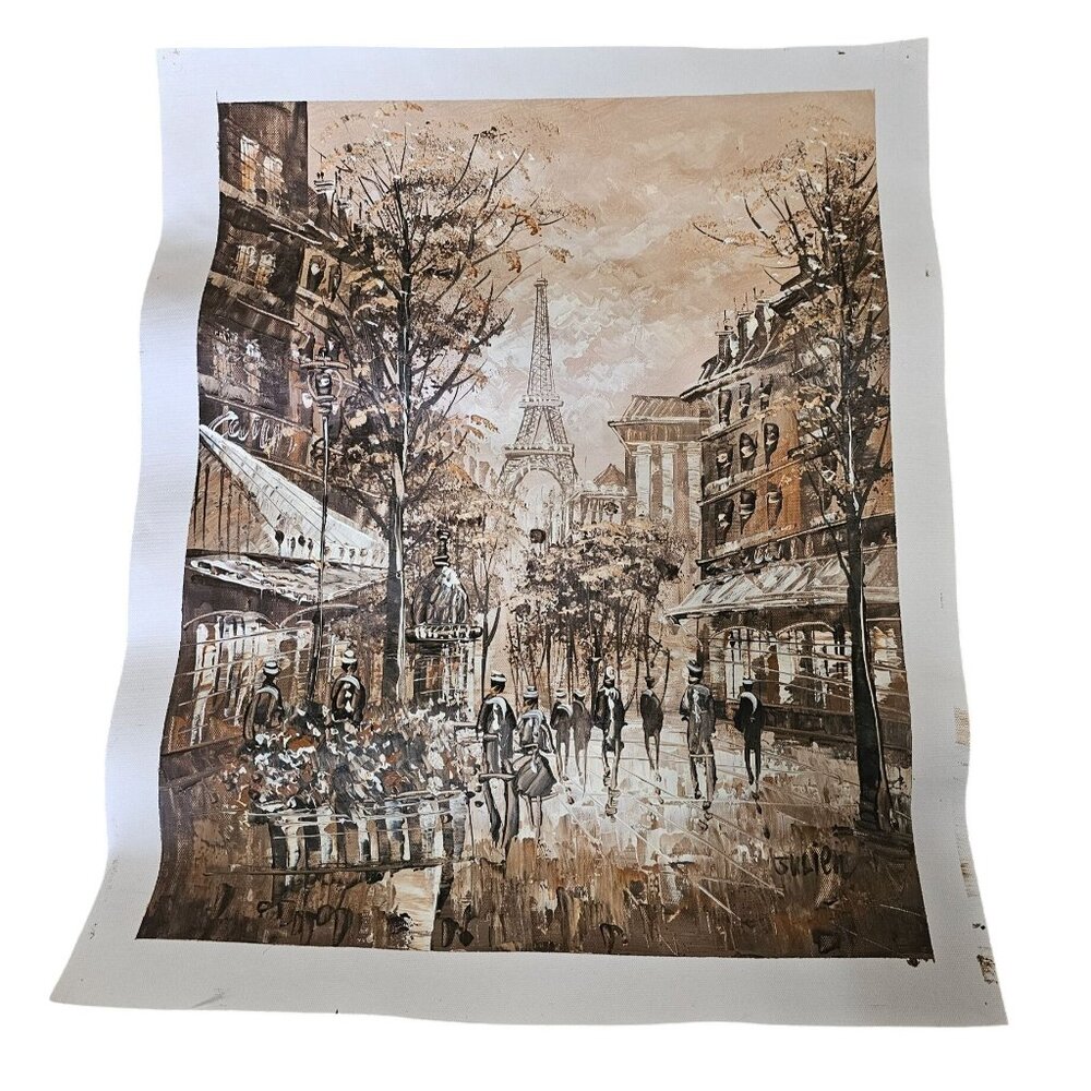 Paris Street Scene Oil Painting On Canvas  Eiffel Tower Signed By Julien